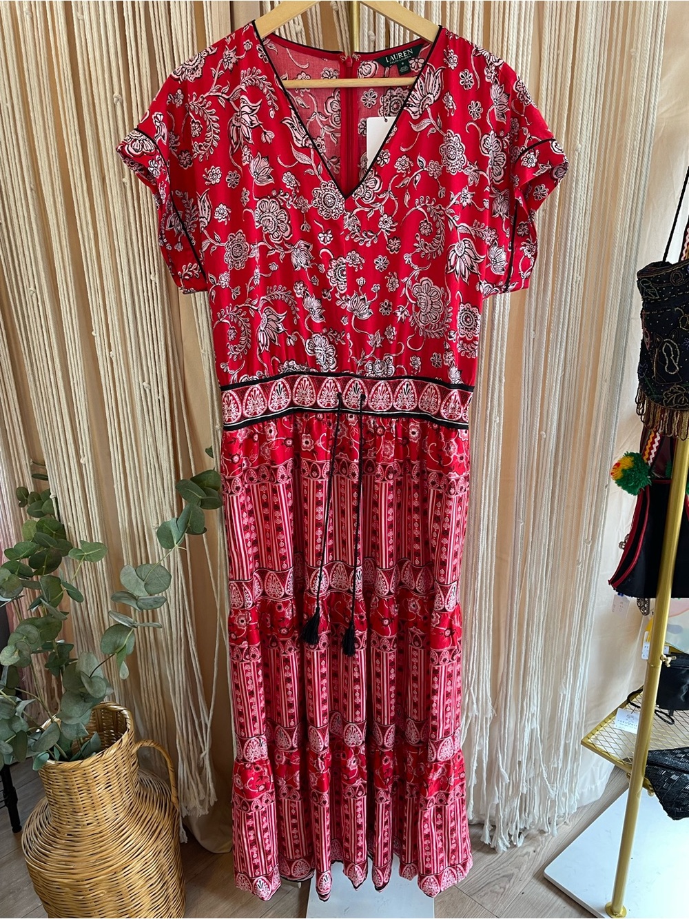 Ralph Lauren Red Floral Paisley Cotton-Satin Tiered Maxi Dress short sleeve - Picture 3 of 9